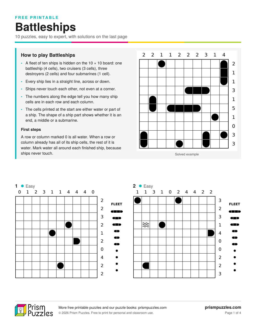 Page 1 of the Battleships printable pack, with the rules and the first puzzles