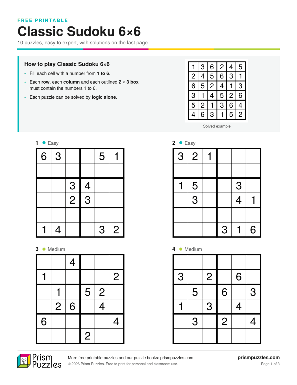 Page 1 of the Classic Sudoku 6×6 printable pack, with the rules and the first puzzles
