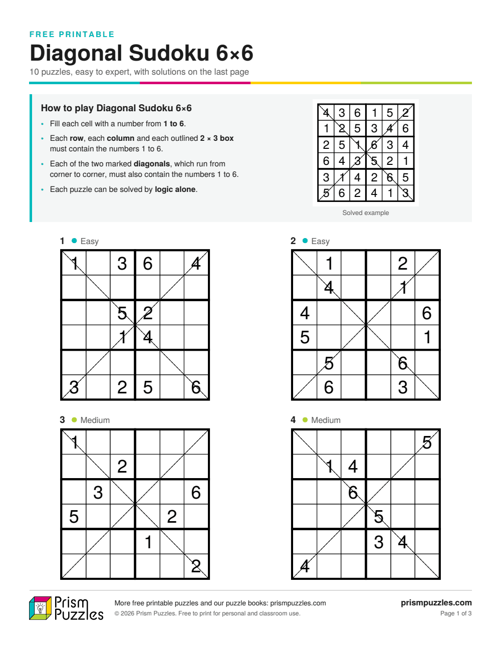 Page 1 of the Diagonal Sudoku 6×6 printable pack, with the rules and the first puzzles