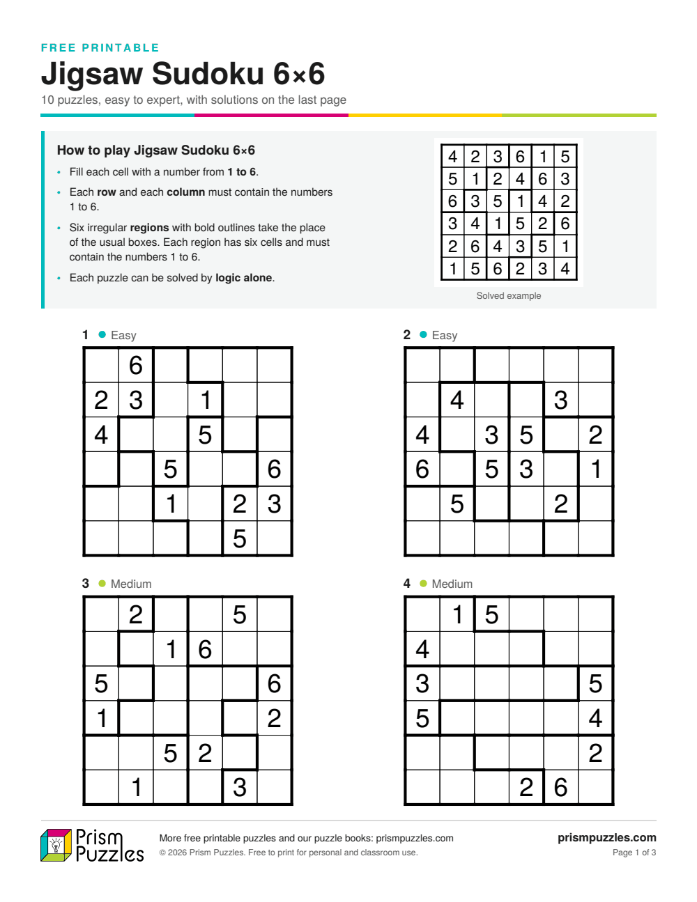Page 1 of the Jigsaw Sudoku 6×6 printable pack, with the rules and the first puzzles