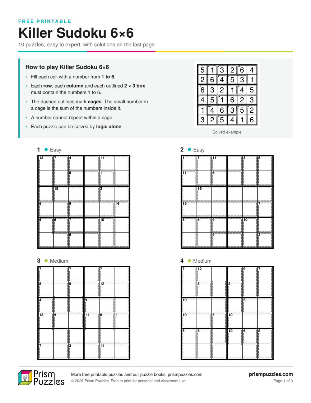 Page 1 of the Killer Sudoku 6×6 printable pack, with the rules and the first puzzles