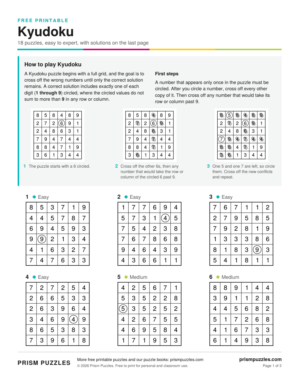 Page 1 of the Kyudoku printable pack, with the rules and the first puzzles