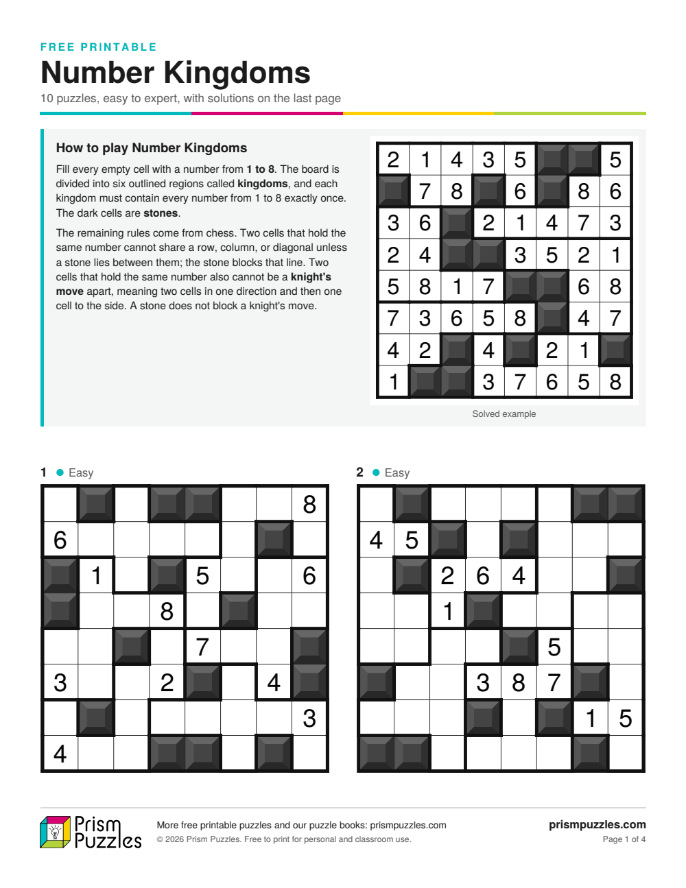 Page 1 of the Number Kingdoms printable pack, with the rules and the first puzzles