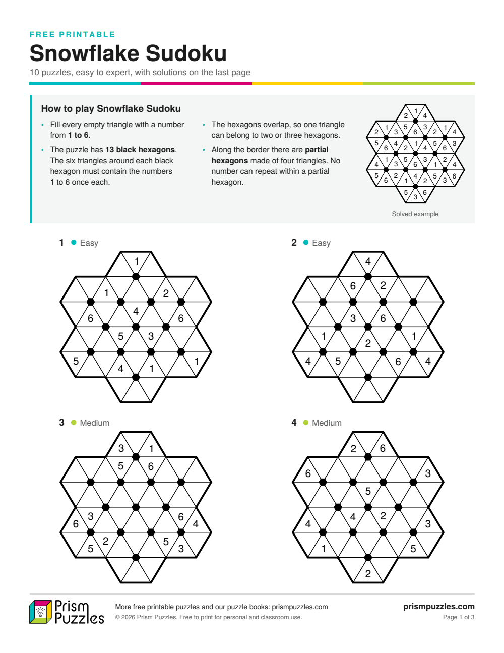 Page 1 of the Snowflake Sudoku printable pack, with the rules and the first puzzles