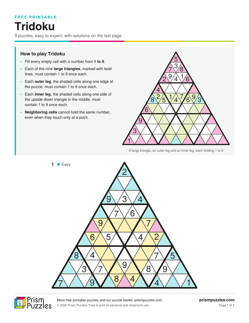 Page 1 of the Tridoku printable pack, with the rules and the first puzzles